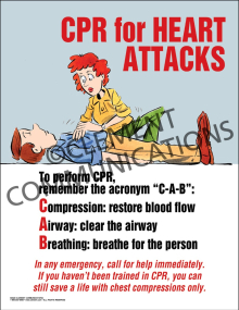 "CPR for Heart Attacks" first aid safety poster from Clement, providing step-by-step instructions for responding to cardiac arrest.