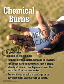 "Chemical Burns" first aid safety poster from Clement, illustrating the steps to respond to chemical exposure and burn injuries.
