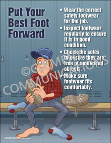 "Put Your Best Foot Forward" safety footwear inspection poster from Clement, providing tips on checking soles and treads for hazards.