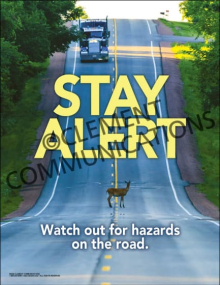 Commercial fleet and driving safety poster titled "Stay Alert. Watch out for hazards on the road." featuring bold, high-contrast warning typography.