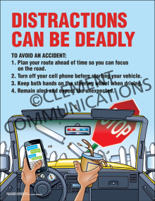 Distractions Can Be Deadly safety poster highlighting the dangers of texting and driving.