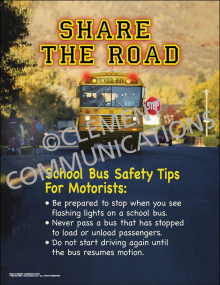 The "Share the Road" traffic and fleet safety awareness poster by Clement Communications, promoting safe driving practices around all road users.