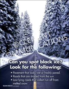 The "Can You Spot Black Ice" workplace safety poster designed to raise awareness about hazardous winter driving conditions.