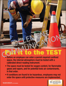 Industrial confined space safety poster titled "Put it to the test." detailing required atmospheric testing order for oxygen, flammable gases, and toxic contaminants.