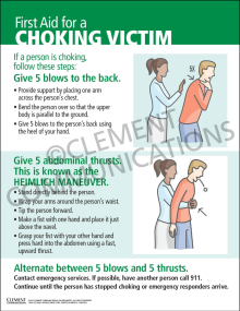 First aid safety poster illustrating step-by-step instructions for saving a choking adult, including the Heimlich maneuver and emergency call protocols.