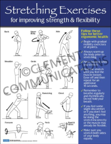 Stretching Exercises for Improving Strength & Flexibility Poster demonstrating techniques to improve strength and flexibility and reduce muscle stiffness in the workplace.