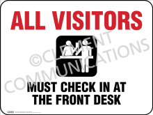 "All Visitors Must Check In At The Front Desk" security sign from Clement , available in corrugated and magnetic materials for facility access control.
