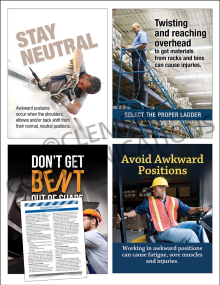Ergonomics Focus Pack 2: Awkward Positions safety posters and meeting guide set by Clement