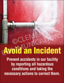 Workplace safety poster titled "Prevention: Avoid an Accident" featuring high-contrast text and graphic elements designed to encourage proactive hazard mitigation.