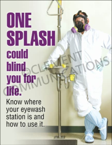 Eye safety compliance poster titled "One Splash Could Blind You" outlining the importance of knowing eyewash station locations and proper operation steps.