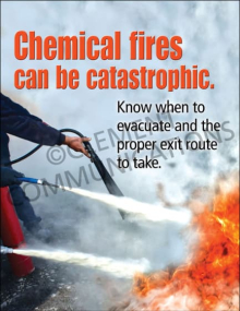 Workplace safety poster titled "Chemical Fires" featuring bold warning text and visual reminders outlining emergency evacuation routes and exit protocols.