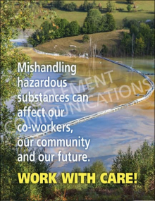 "Mishandling Hazardous Substances" safety poster from Clement Communications, illustrating the impact of chemical safety on co-workers, the community, and the future.