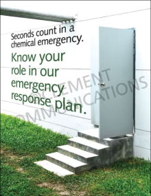 "Seconds Count" safety poster from Clement Communications, emphasizing the importance of rapid action and knowing one's role during a chemical emergency.