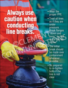 Conducting Line Breaks safety poster emphasizing caution and safety protocols when breaking chemical or pressurized lines.
