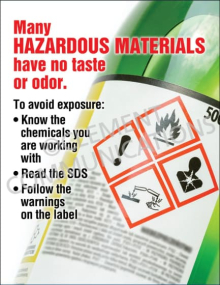 "Many Hazardous Materials have no Taste or Odor" safety poster from Clement Communications, illustrating the danger of undetectable chemical exposure.