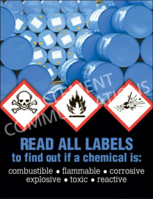 "Read All Chemical Labels" safety poster from Clement Communications, illustrating the importance of checking labels for hazard information.