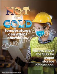 Industrial chemical safety poster titled "Hot and Cold temperatures can affect chemicals. Always check the SDS for proper storage instructions."