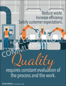 Motivational workplace poster titled "Continuous Improvement Evaluation" featuring themes of team assessment, growth, and achieving high-quality standards.