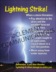 Emergency safety poster detailing lightning strike hazards, featuring step-by-step instructions for seeking shelter and staying safe during severe weather.