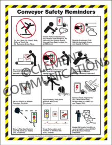 Conveyor safety infographic poster detailing essential safety rules, including lockout procedures and pinch point awareness for industrial conveyors.