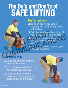 "Do's and Don'ts of Safe Lifting" safety poster providing a visual comparison between correct lifting techniques and dangerous practices that cause injury.