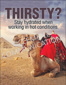"Thirsty? Stay Hydrated When Working in Hot Conditions" hydration safety poster from Clement, reminding workers to stay hydrated while working in hot environments.