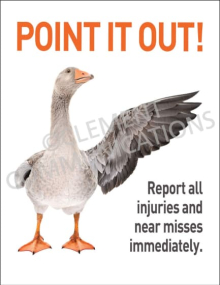 "Point It Out!" safety poster featuring a high-visibility call to action for employees to report all workplace injuries and near misses immediately.