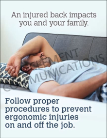 Injured Back Safety Poster featuring a visual reminder for employees to follow proper procedures to prevent ergonomic injuries at work and home.