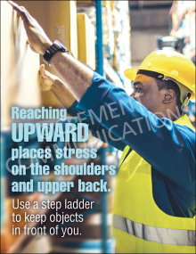 A warehouse worker in a yellow hard hat and safety vest reaching for a high box, with text explaining that reaching upward causes shoulder stress.