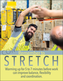 A smiling warehouse worker in a yellow safety vest stretching his arms over his head in a warehouse setting, with text highlighting the benefits of warming up before work.