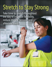 A female worker in a high-visibility yellow safety vest performing an arm stretch in a professional workspace, featuring the text "Stretch to Stay Strong."