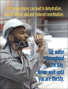 A industrial worker wearing a white hard hat and gray work shirt drinking water from a clear bottle, with text about heat safety and hydration.