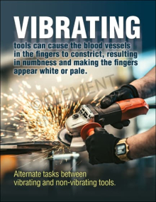 A close-up of a worker in black gloves using a high-speed power grinder that is throwing sparks, with text warning about the risks of vibrating tools.