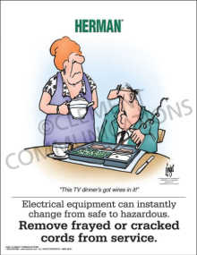 Electrical safety poster titled "Cords" featuring cartoon character Herman and a visual checklist for inspecting power cords for frays, damage, and proper grounding.