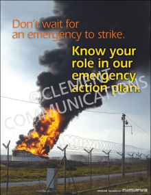 Industrial emergency response safety poster titled "Don't wait for an emergency to strike. Know your role in our emergency action plan."