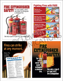 Clement Emergency Preparedness: Fire Extinguishers safety pack featuring four 17" x 22" posters and a comprehensive training meeting guide.