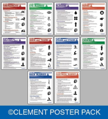 A bundle of first aid safety posters featuring step-by-step emergency response instructions for CPR, choking, bleeding, and common workplace injuries.