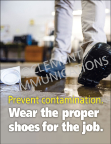 "Wear Proper Shoes" safety poster from Clement, encouraging employees to wear appropriate footwear for their specific job tasks.