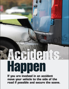 Accidents Happen safety poster providing instructions on moving vehicles to the side of the road and securing the scene after an accident.
