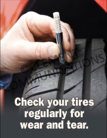 "Check Your Tires" safety poster from Clement, encouraging regular tire inspections for wear and tear to ensure highway and fleet safety.