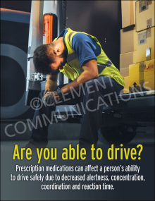 A delivery worker wearing a high-visibility safety vest sits slumped over on the back of a box truck next to cardboard boxes, below the text "Are you able to drive? Prescription medications can affect a person's ability to drive safely...