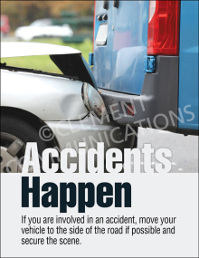 A safe driving poster showing a silver car that has rear-ended a blue van, with text reading "Accidents Happen" and instructions on what to do following a collision.