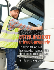 A truck safety poster featuring a male driver in a high-visibility vest and cap entering a white semi-truck cab while demonstrating the three-point contact rule.