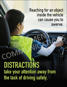 A driving safety poster featuring a delivery driver in a high-visibility vest reaching towards a phone mounted on the dashboard, with text warning about distractions.