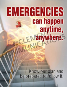Industrial emergency preparedness safety poster titled "Emergencies can happen anytime, anywhere. Know our plan and be prepared to follow it."