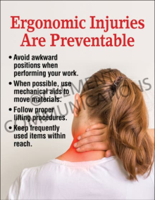 Workplace ergonomics safety poster from the Powerful Posters collection detailing guidelines on proper lifting procedures and avoiding awkward body positions.