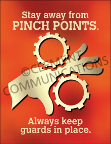 "Machine Guards - Pinch Points" industrial safety poster from Clement, warning workers to stay away from pinch points and keep machine guards in place.