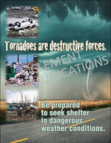Industrial emergency preparedness safety poster titled "Tornados are destructive forces. Be prepared to seek shelter in dangerous weather conditions."