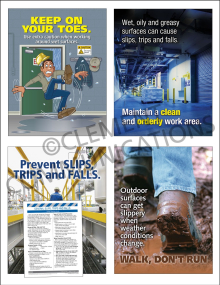 Workplace slips, trips, and falls prevention training pack featuring a supervisor meeting guide and four high-visibility facility safety posters.