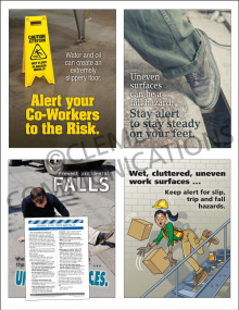 Slip, Trip & Fall Focus Pack 2 containing four 17" x 22" safety posters and a comprehensive training meeting guide for employees.